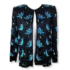 80s Women Black Bead Sequin Blazer Jacket M Cocktail Mob Wife Glam Party Disco